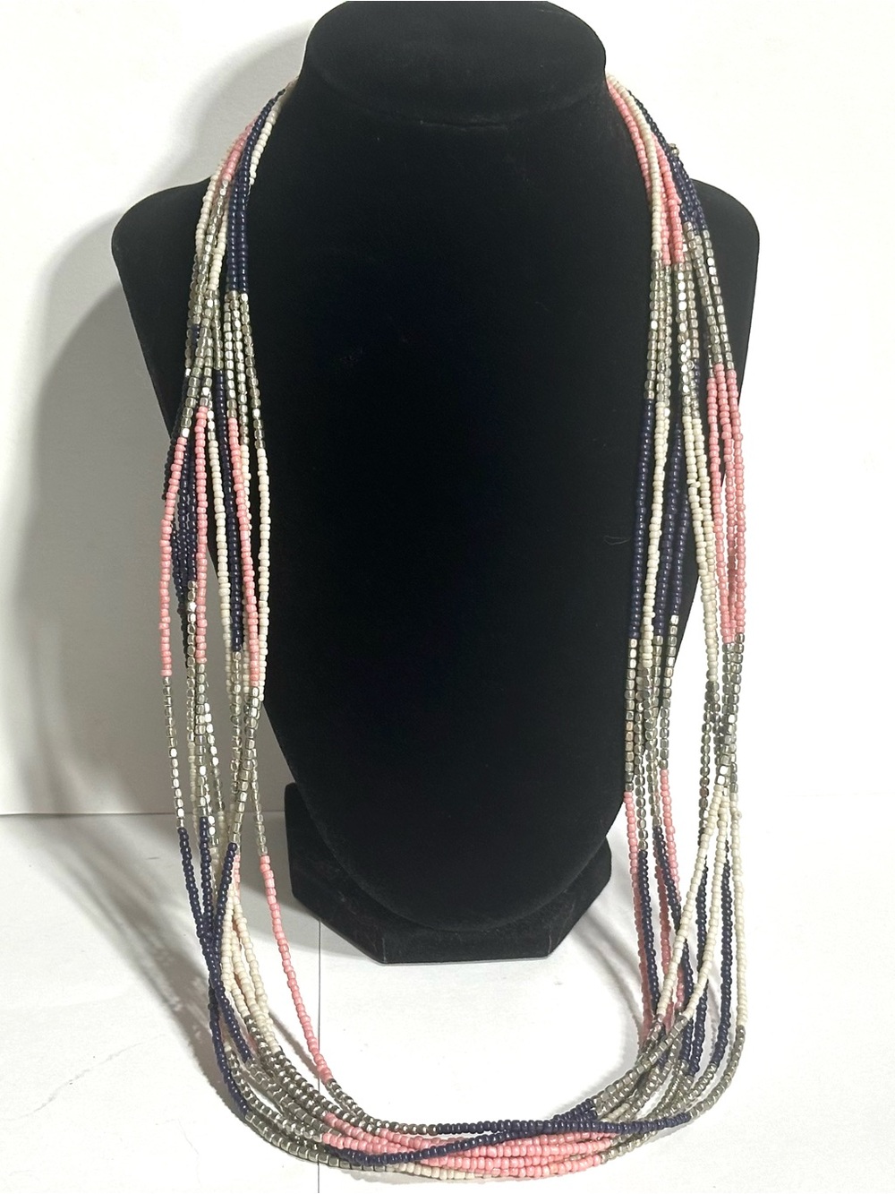 Glass Seed Bead Layered Necklace Boho Chic Pink Navy Silver Tone 30 inch